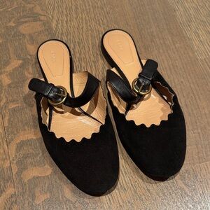 Chloe Black Suede Mules with Scalloped Edges